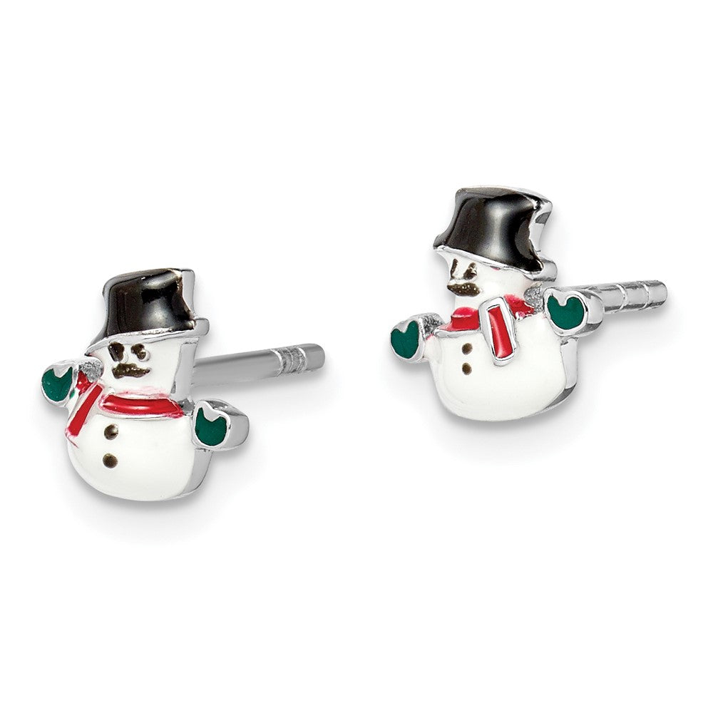 Sterling Silver RH-plated Enameled Snowman Post Earrings