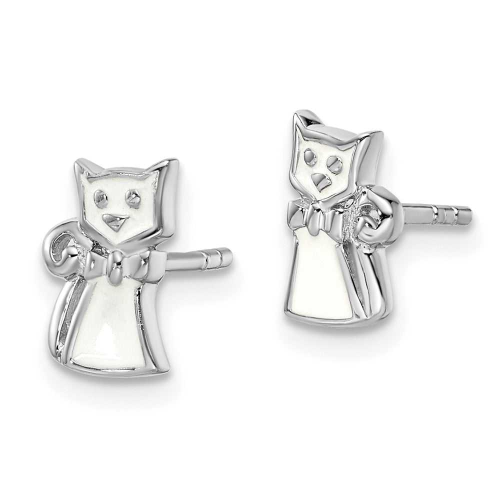 Sterling Silver RH-plated Enameled White Cat Post Earrings