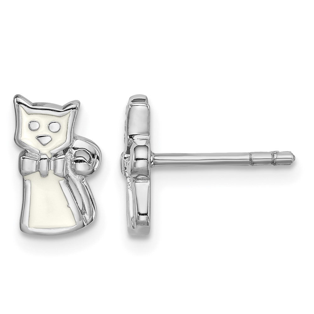 Sterling Silver RH-plated Enameled White Cat Post Earrings