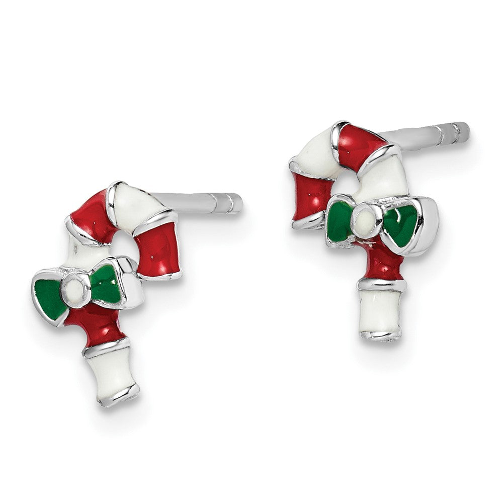Sterling Silver RH-plated Enameled Candy Cane Post Earrings
