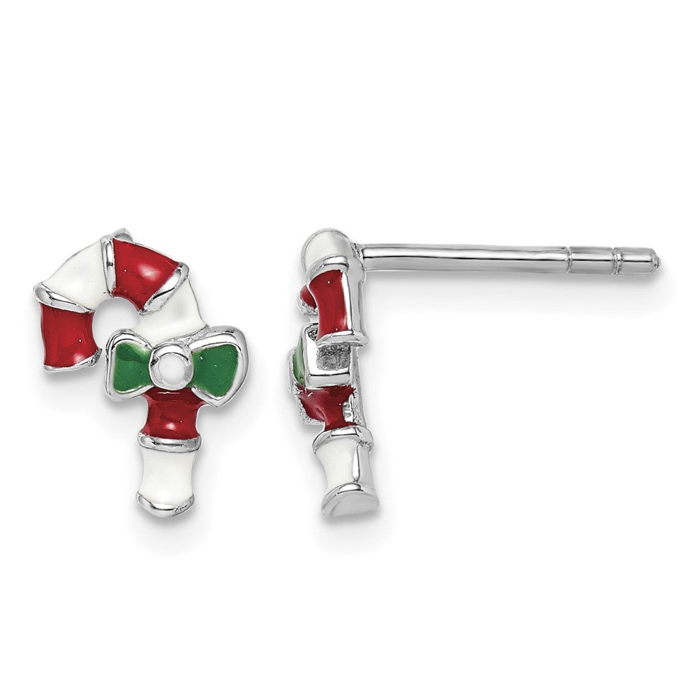 Sterling Silver RH-plated Enameled Candy Cane Post Earrings