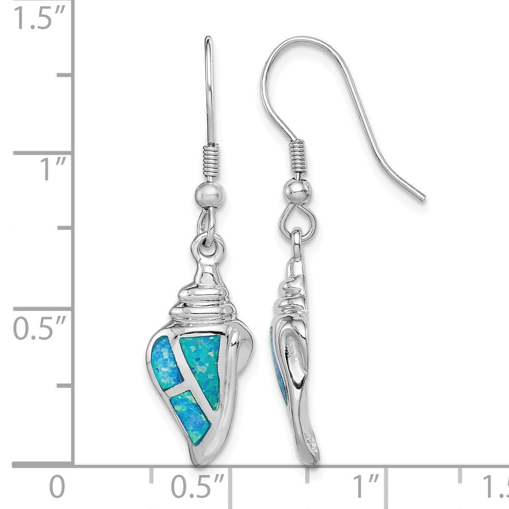 Sterling Silver Rhod-plated Created Blue Opal Seashell Dangle Earrings
