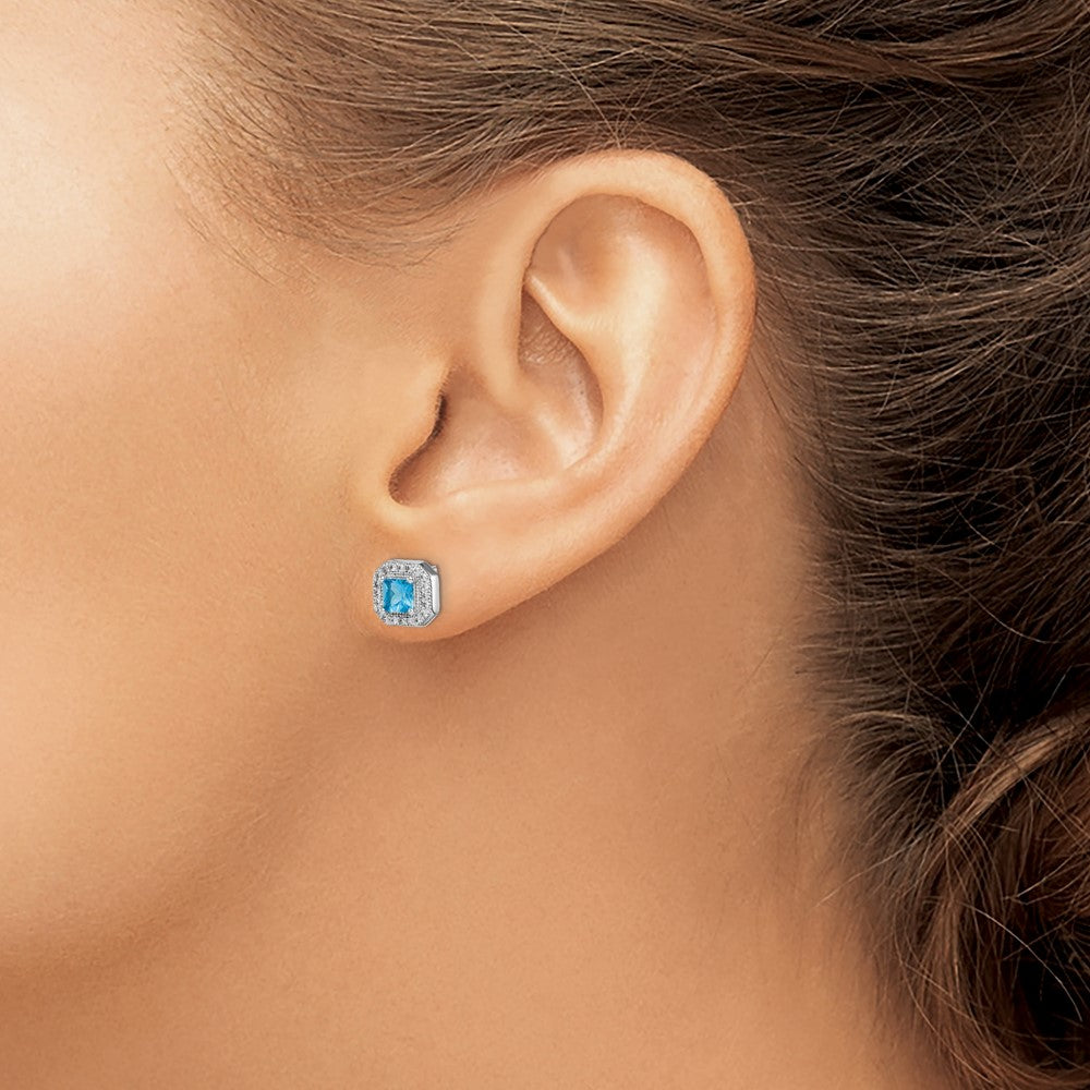 Sterling Silver Rhodium Plated Square Blue and Clear CZ Post Earrings