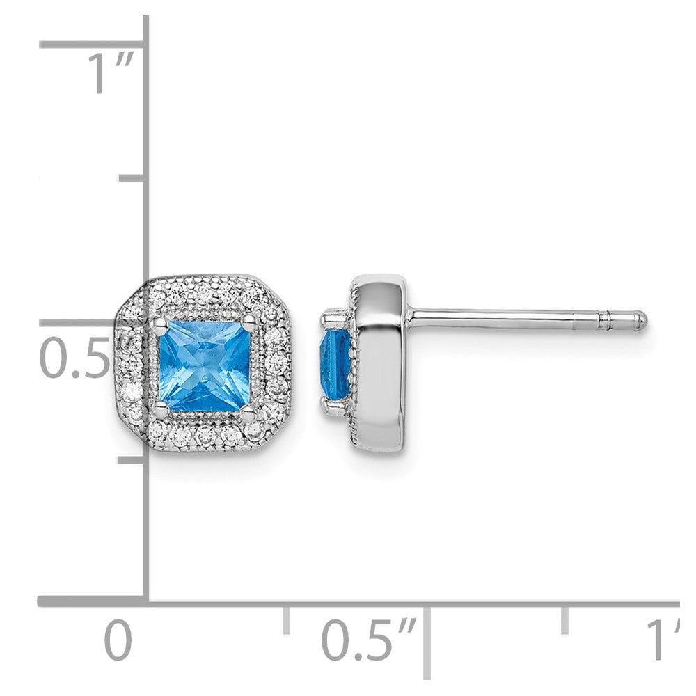 Sterling Silver Rhodium Plated Square Blue and Clear CZ Post Earrings