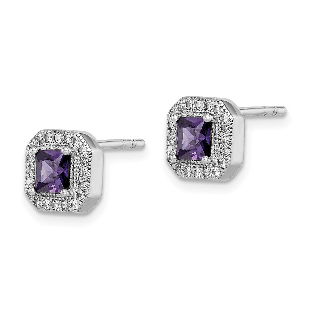 Sterling Silver Rhodium Plated Square Purple and Clear CZ Post Earrings