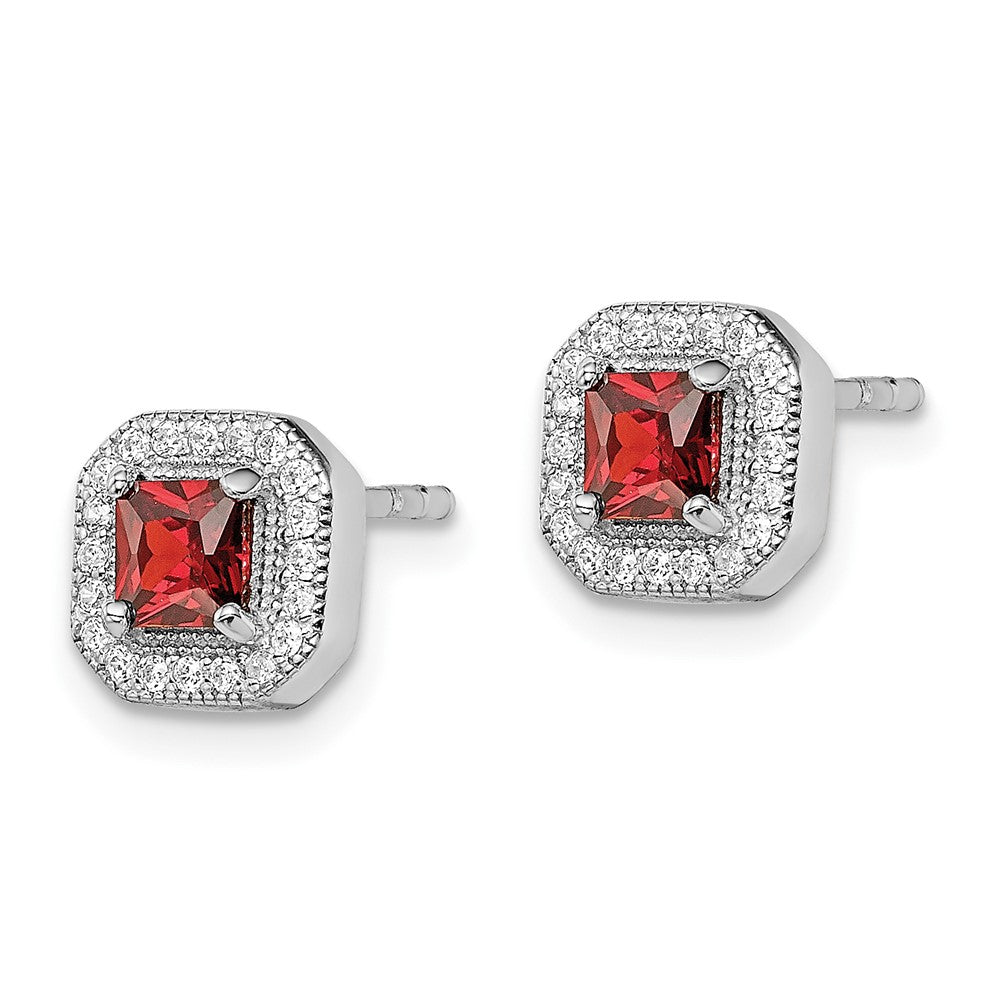 Sterling Silver Rhodium-Plated Square Red and Clear CZ Post Earrings