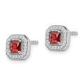 Sterling Silver Rhodium-Plated Square Red and Clear CZ Post Earrings