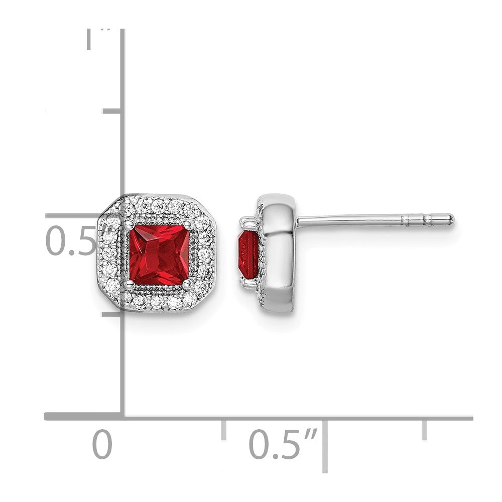 Sterling Silver Rhodium Plated Clear CZ and Square Red CZ Post Earrings