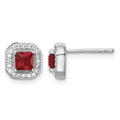 Sterling Silver Rhodium Plated Clear CZ and Square Red CZ Post Earrings