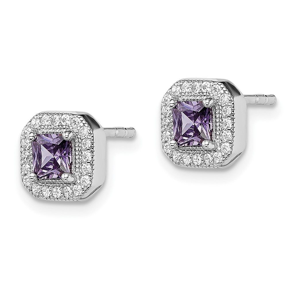 Sterling Silver Rhodium-Plated Purple and Clear CZ Post Earrings