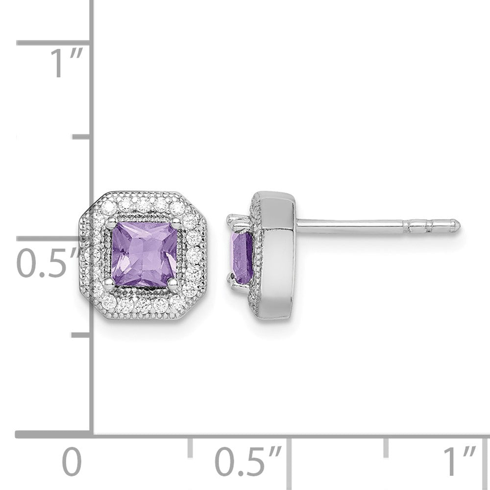 Sterling Silver Rhodium-Plated Purple and Clear CZ Post Earrings
