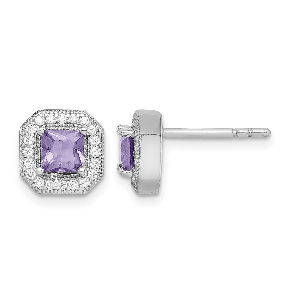 Sterling Silver Rhodium-Plated Purple and Clear CZ Post Earrings