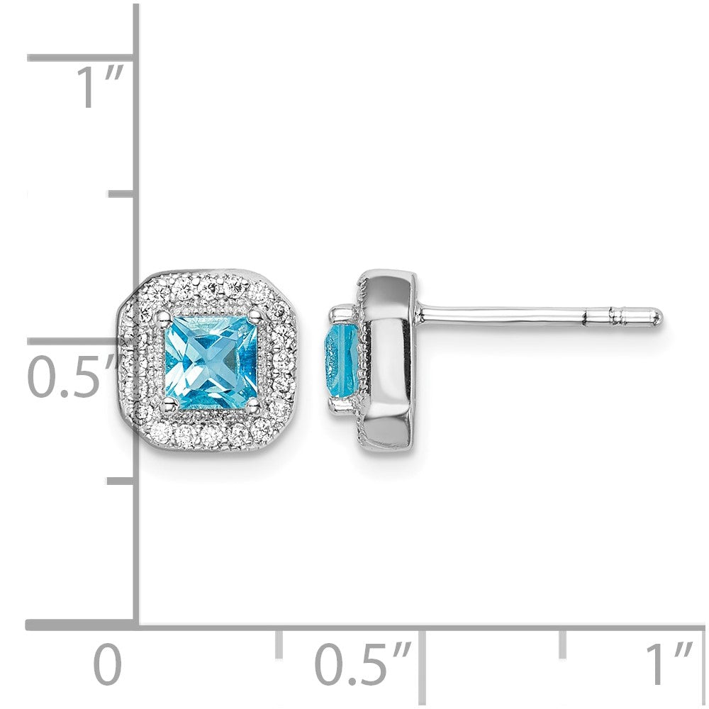 Sterling Silver Rhodium Plated Square Light Blue and Clear CZ Post Earrings