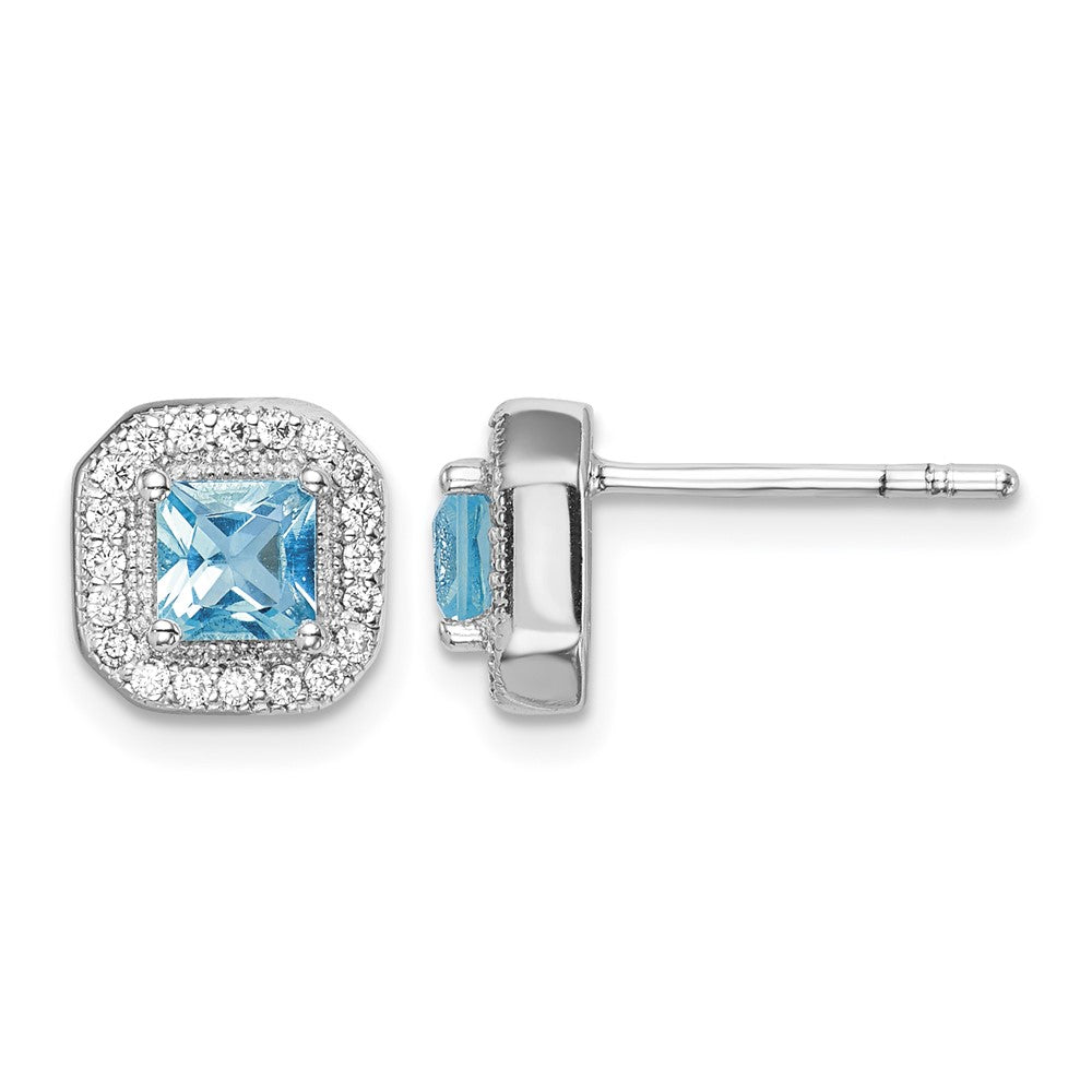 Sterling Silver Rhodium Plated Square Light Blue and Clear CZ Post Earrings