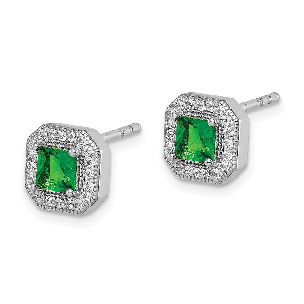 Sterling Silver Rhodium-Plated Green and Clear CZ Post Earrings