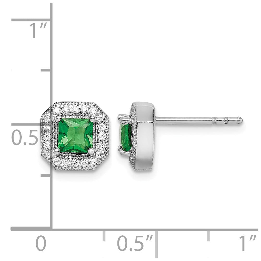 Sterling Silver Rhodium-Plated Green and Clear CZ Post Earrings