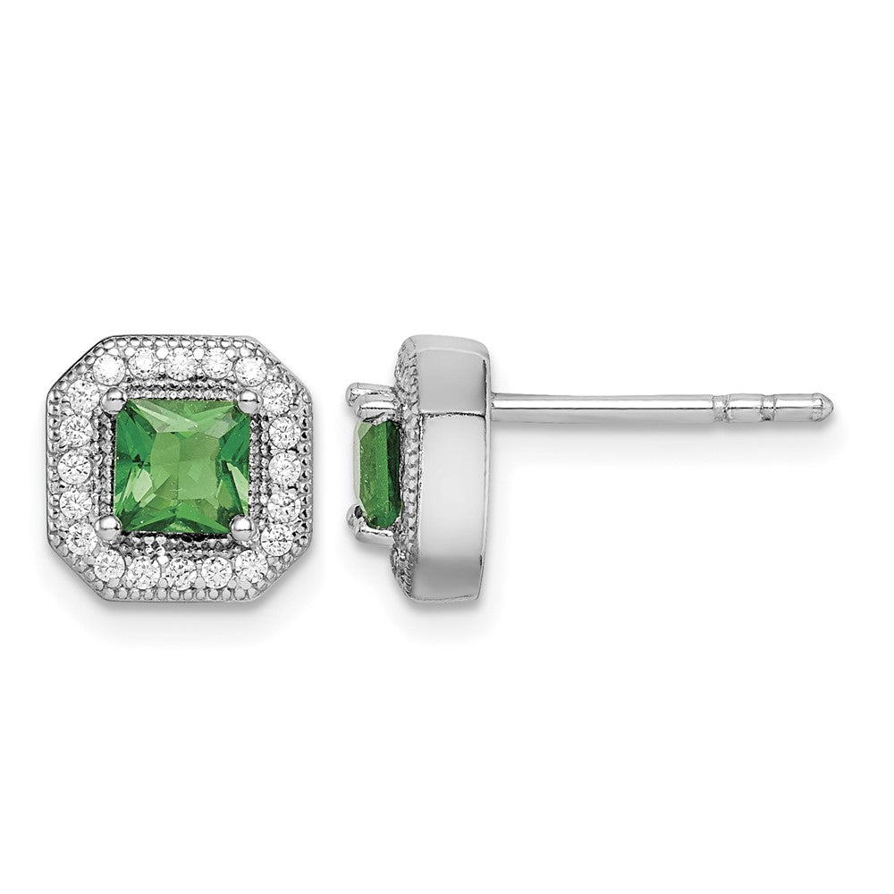 Sterling Silver Rhodium-Plated Green and Clear CZ Post Earrings