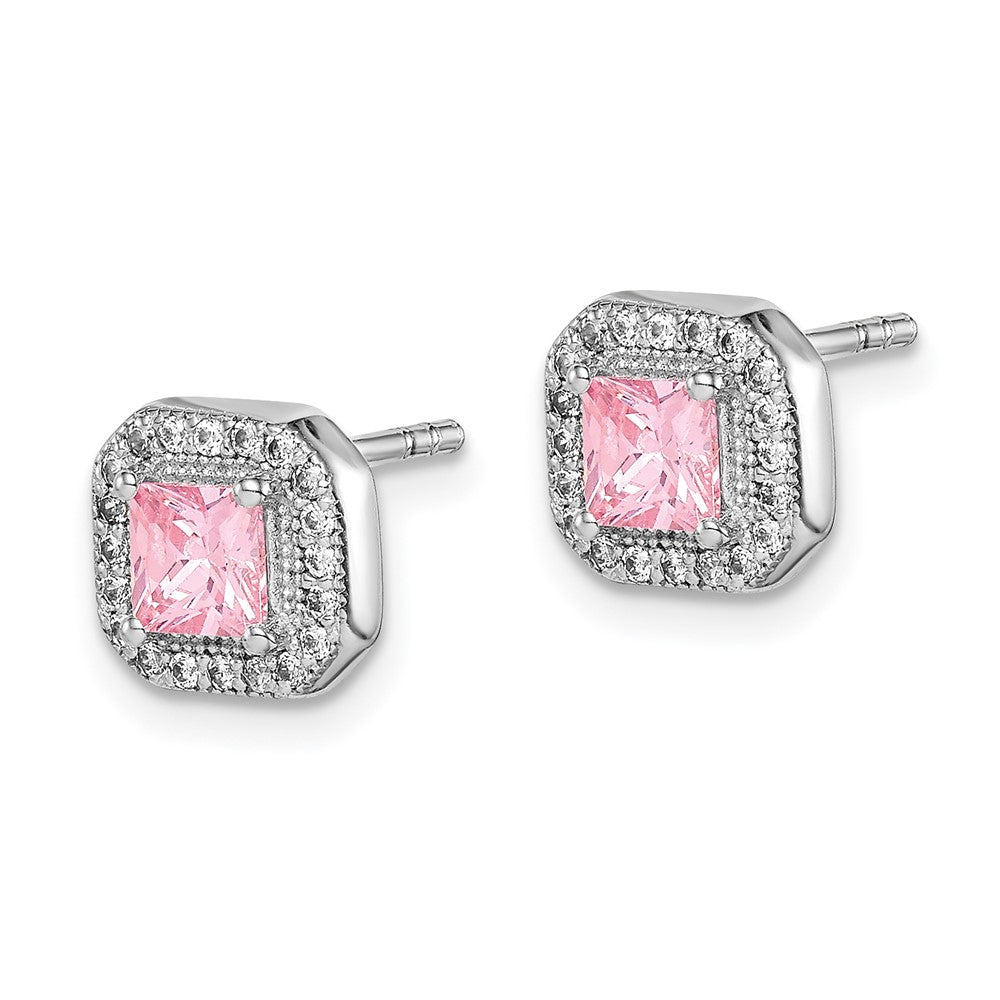 Sterling Silver Rhodium Plated Square Pink and Clear CZ Post Earrings