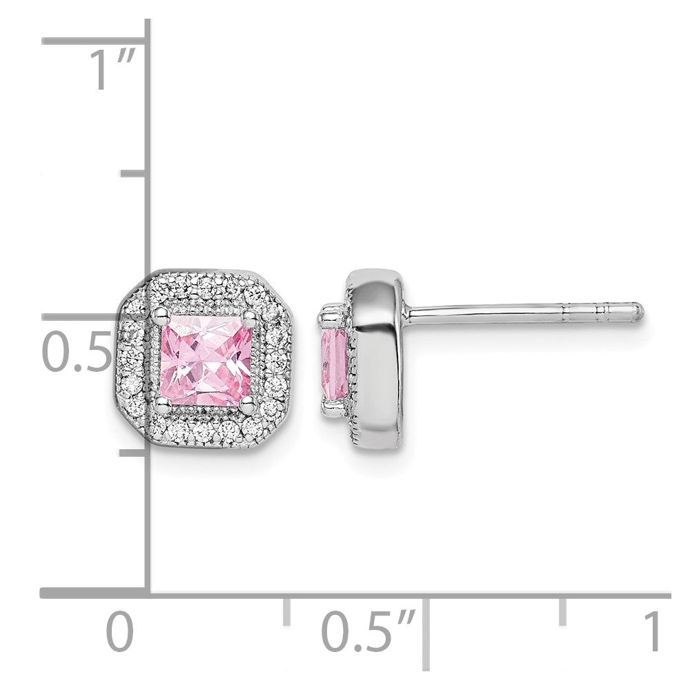 Sterling Silver Rhodium Plated Square Pink and Clear CZ Post Earrings