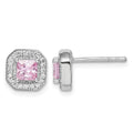 Sterling Silver Rhodium Plated Square Pink and Clear CZ Post Earrings