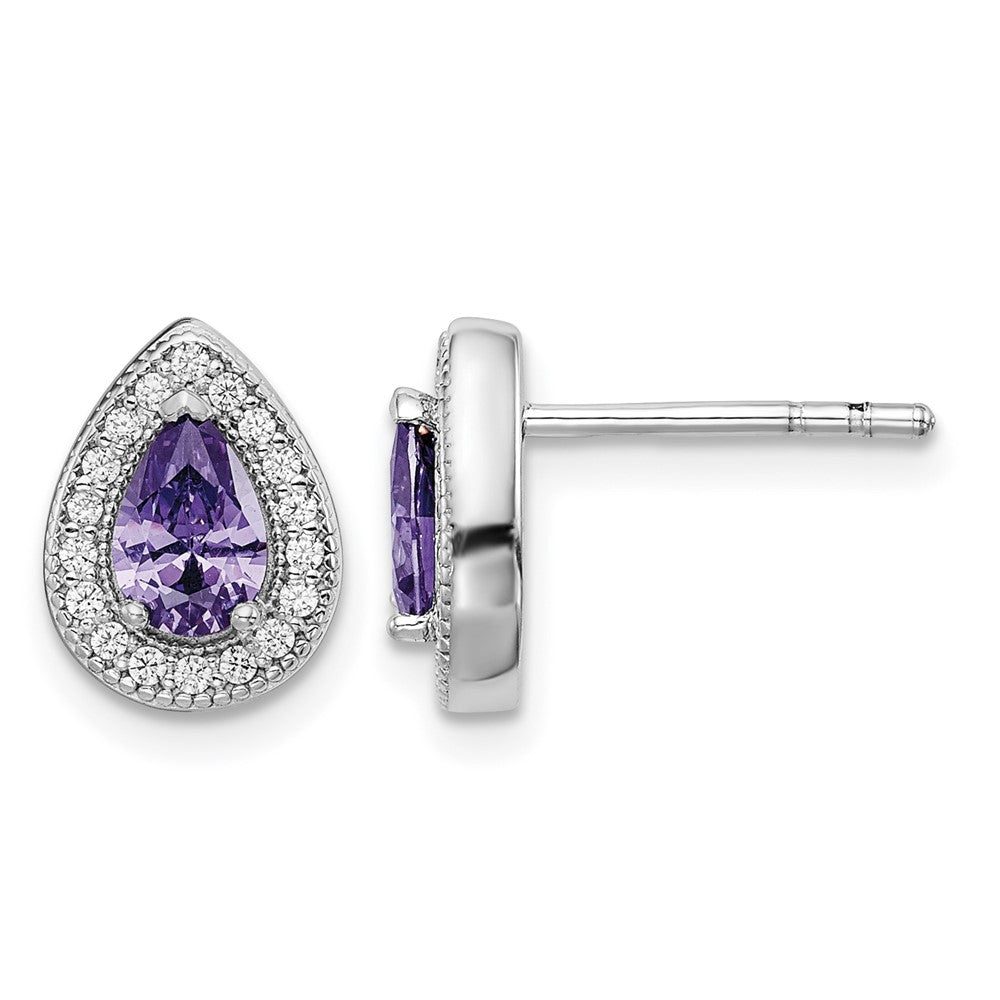 Sterling Silver Rhod Plated Purple and Clear CZ Earrings