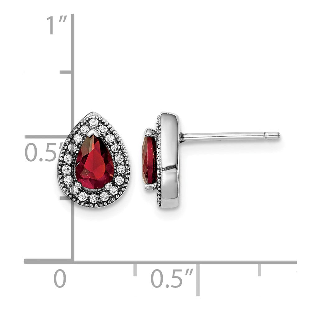 Sterling Silver Rhodium-Plated Red and Clear CZ Post Earrings