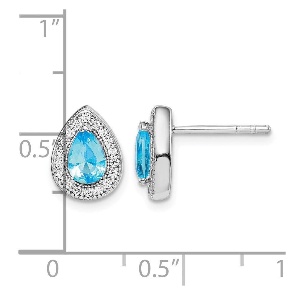 Sterling Silver Rhod Plated Blue and Clear CZ Post Earrings