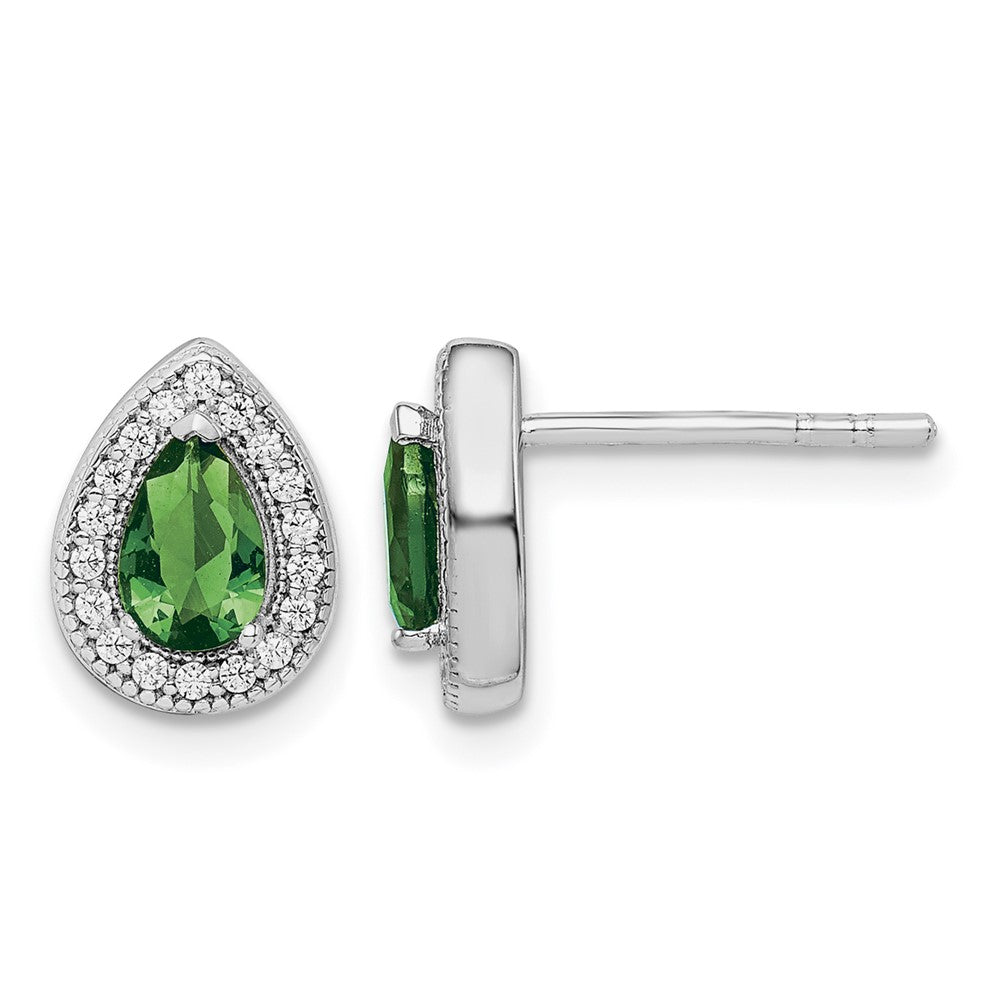 Sterling Silver Rhodium Plated Green and Clear CZ Post Earrings
