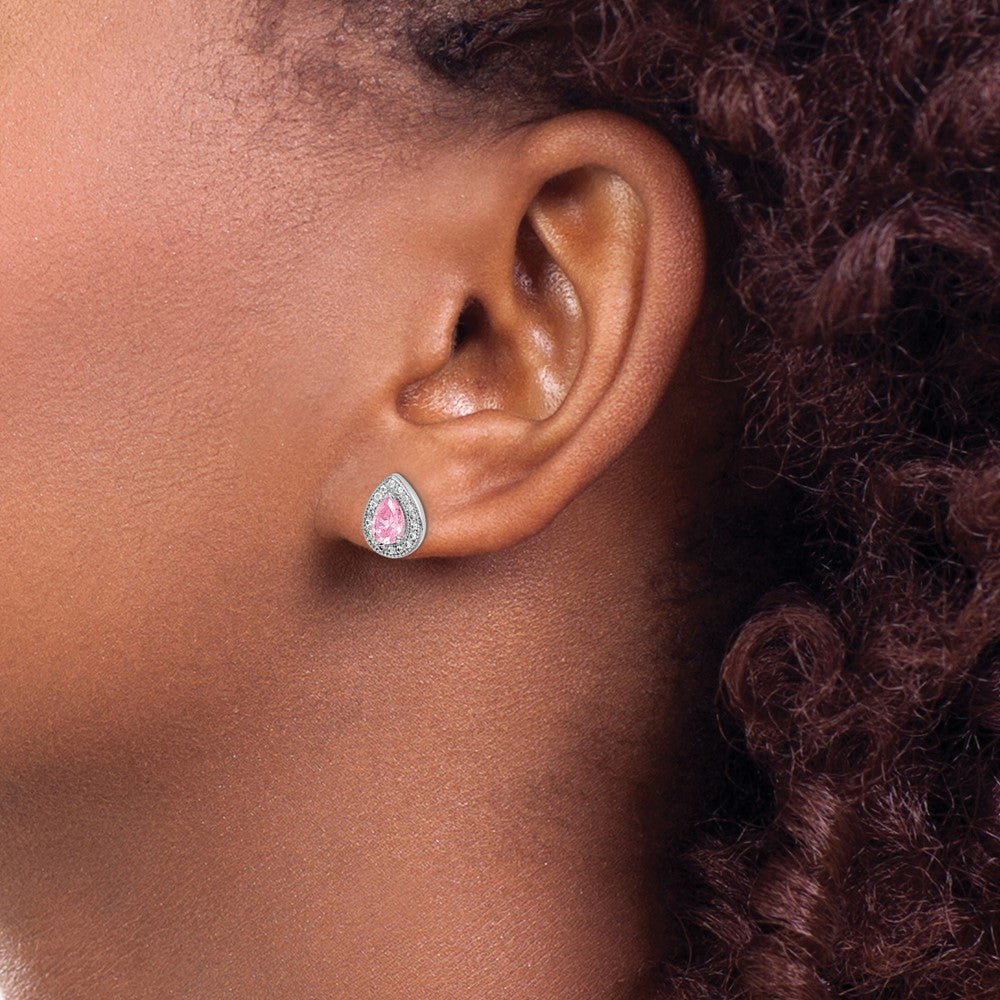 Sterling Silver Rhodium Plated Pink and Clear CZ Post Earrings