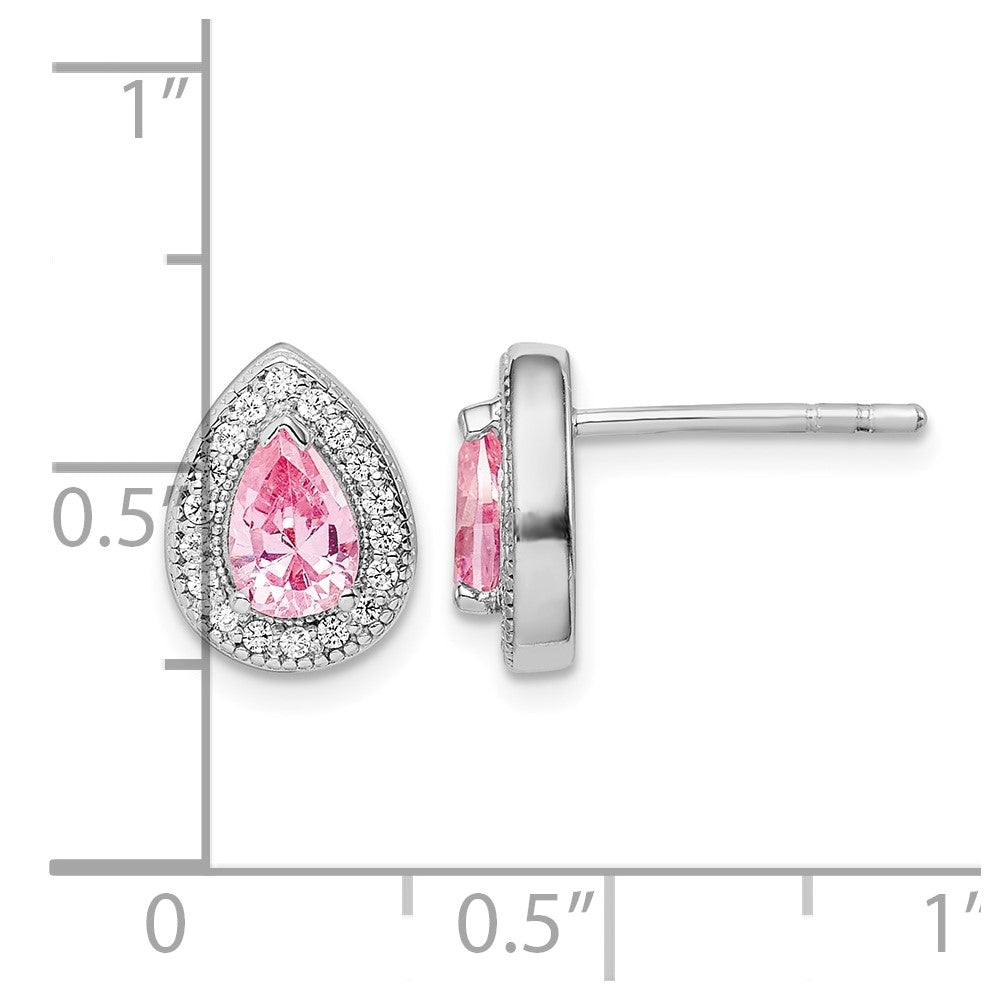 Sterling Silver Rhodium Plated Pink and Clear CZ Post Earrings