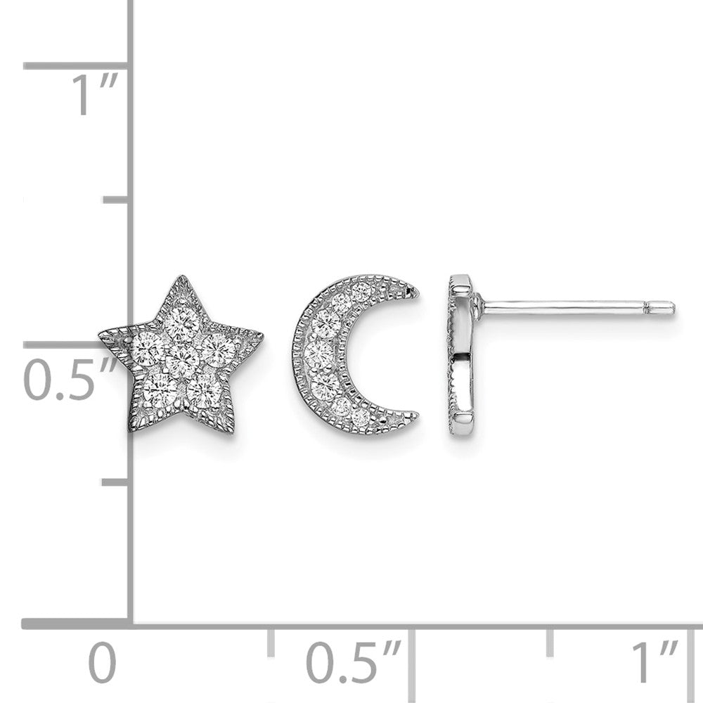 Sterling Silver Rhodium-Plated CZ Star and Moon Left/Right Earrings