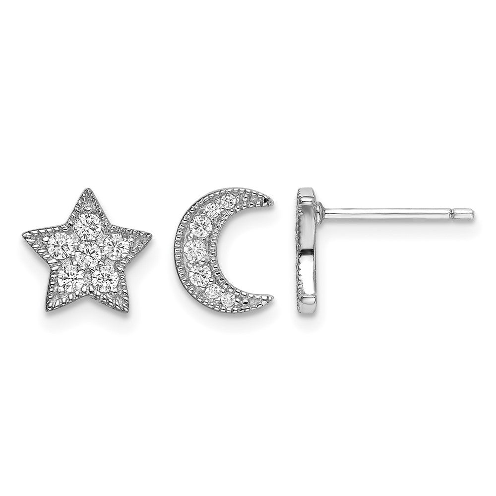Sterling Silver Rhodium-Plated CZ Star and Moon Left/Right Earrings