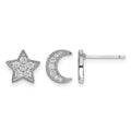 Sterling Silver Rhodium-Plated CZ Star and Moon Left/Right Earrings