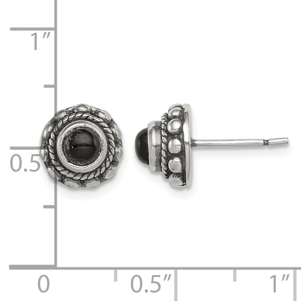 Sterling Silver Polished & Antiqued Textured Onyx Round Post Earrings