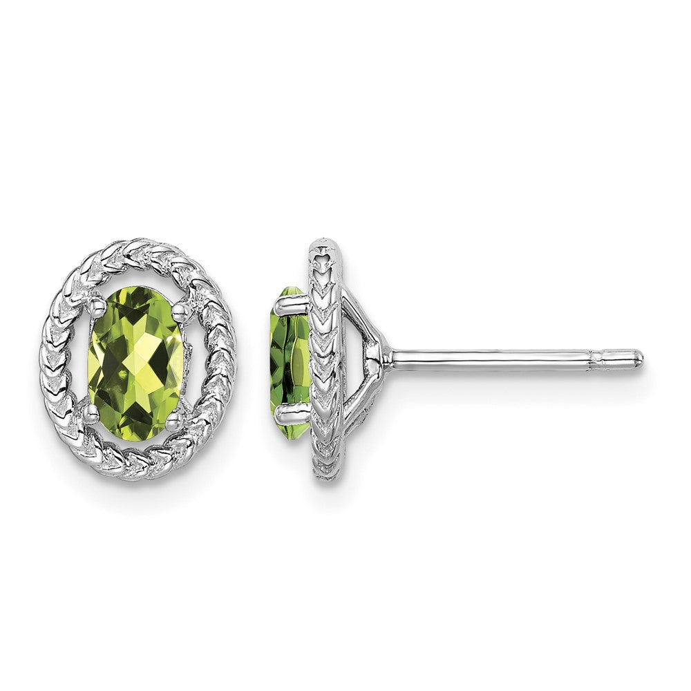 Sterling Silver Rhod-plat Peridot Oval Post Earrings