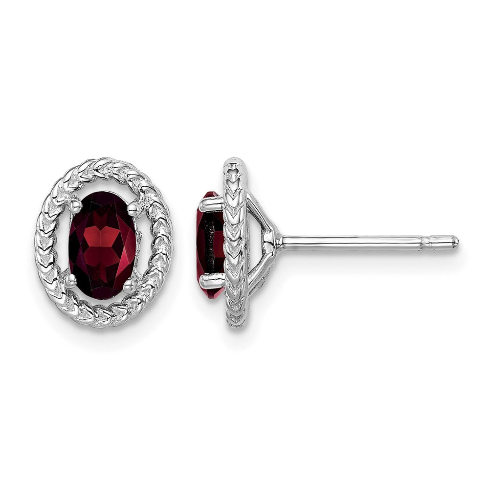 Sterling Silver Rhodium-plated Garnet Oval Post Earrings