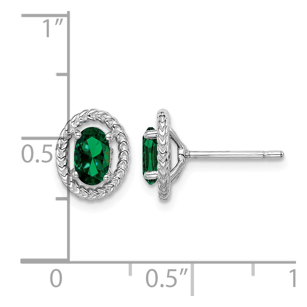 Sterling Silver Rhod-plat Created Emerald Oval Post Earrings