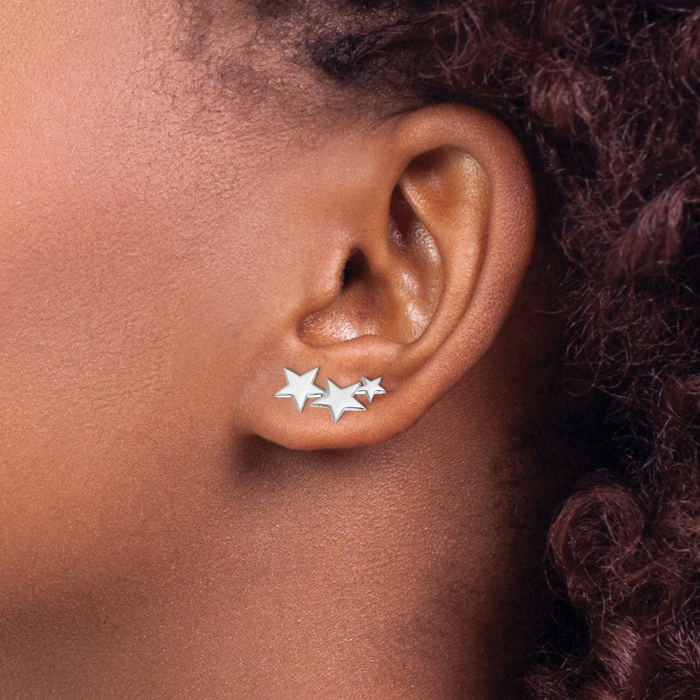 Sterling Silver RH-plated Polished Graduating Stars Ear Climber Earrings