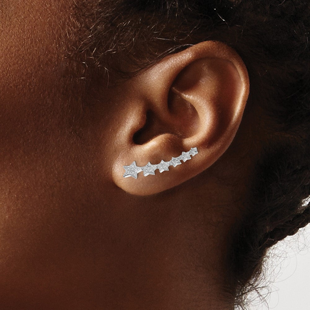 Sterling Silver Rhodium-plated Graduating CZ Stars Ear Climber Earrings