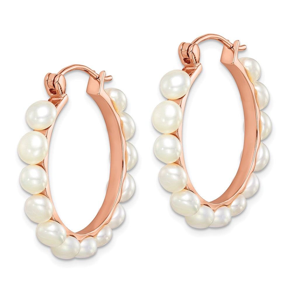Sterling Silver Rose-tone 18k Flash-plated 4-5mm Hoop FWC Pearl Earrings