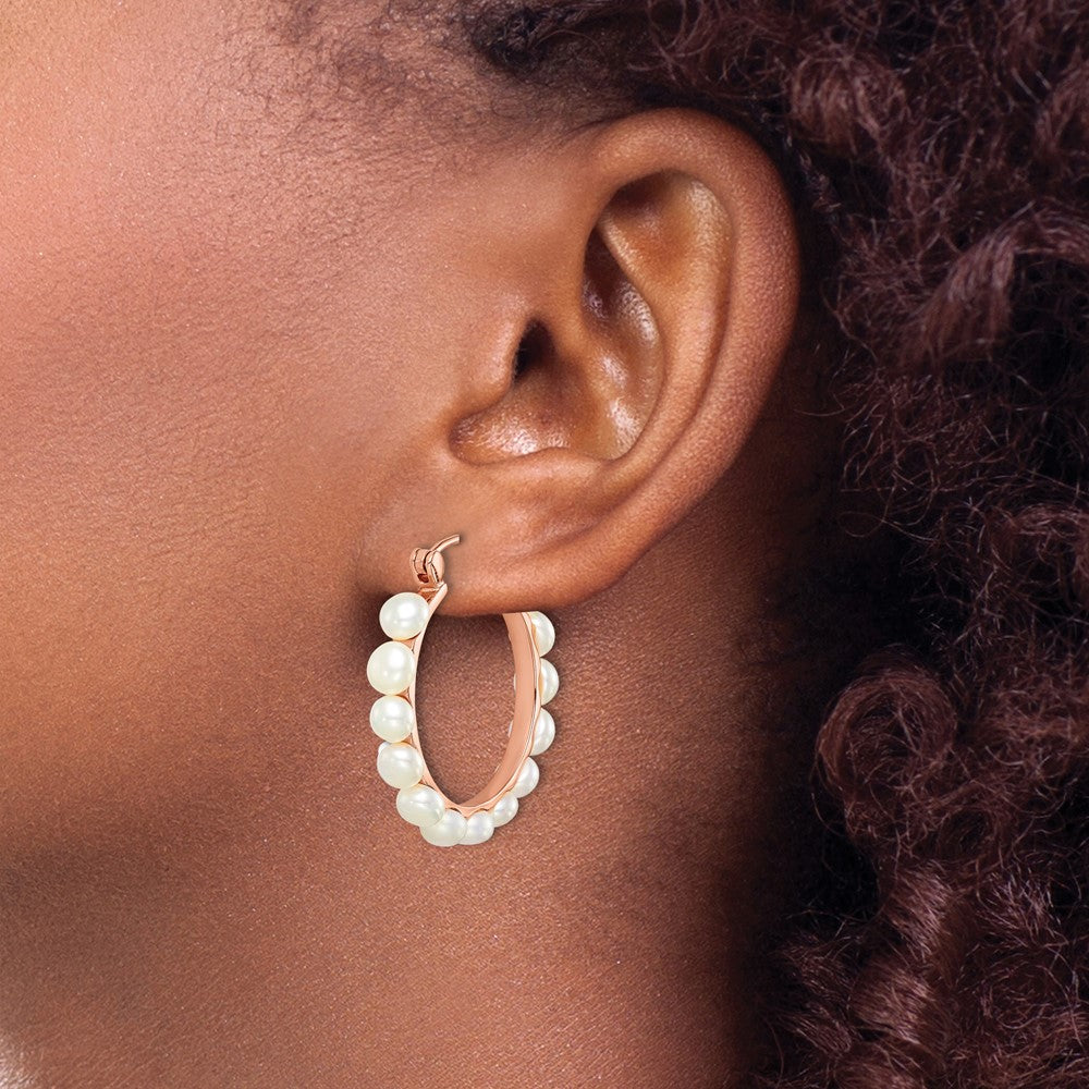 Sterling Silver Rose-tone 18k Flash-plated 4-5mm Hoop FWC Pearl Earrings