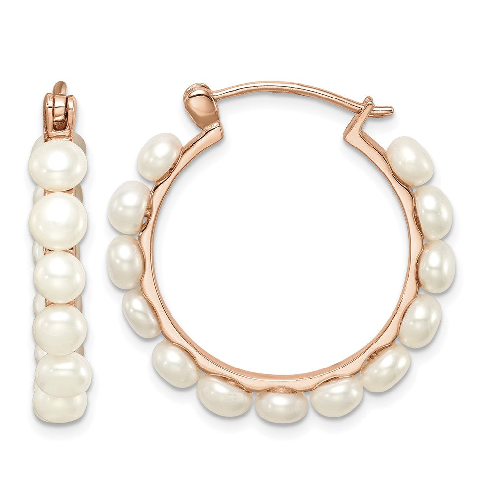 Sterling Silver Rose-tone 18k Flash-plated 4-5mm Hoop FWC Pearl Earrings