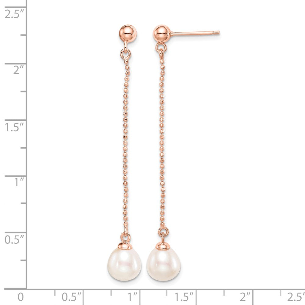 Sterling Silver Rose-tone 18k Flash-plated 7-8mm Drop FWC Pearl Earrings