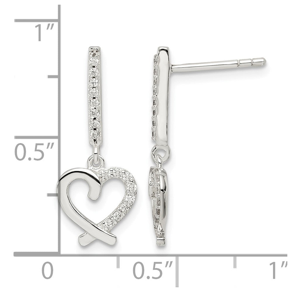 Sterling Silver CZ Dangle Heart Post Earrings