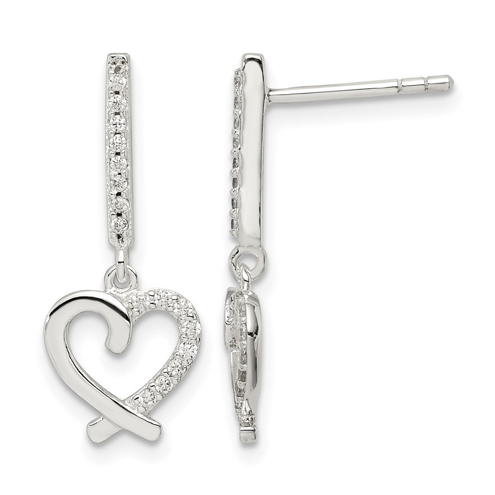 Sterling Silver CZ Dangle Heart Post Earrings