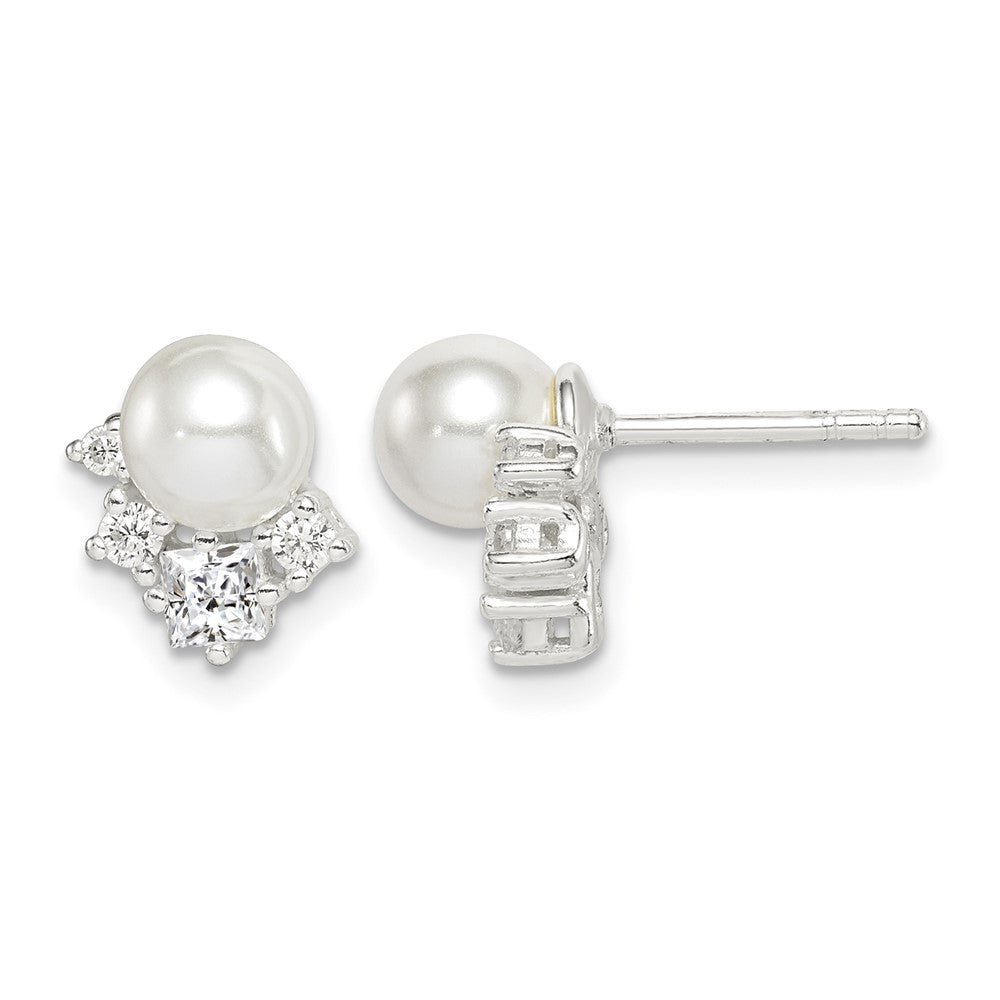 Sterling Silver CZ and Glass Pearl Post Earrings