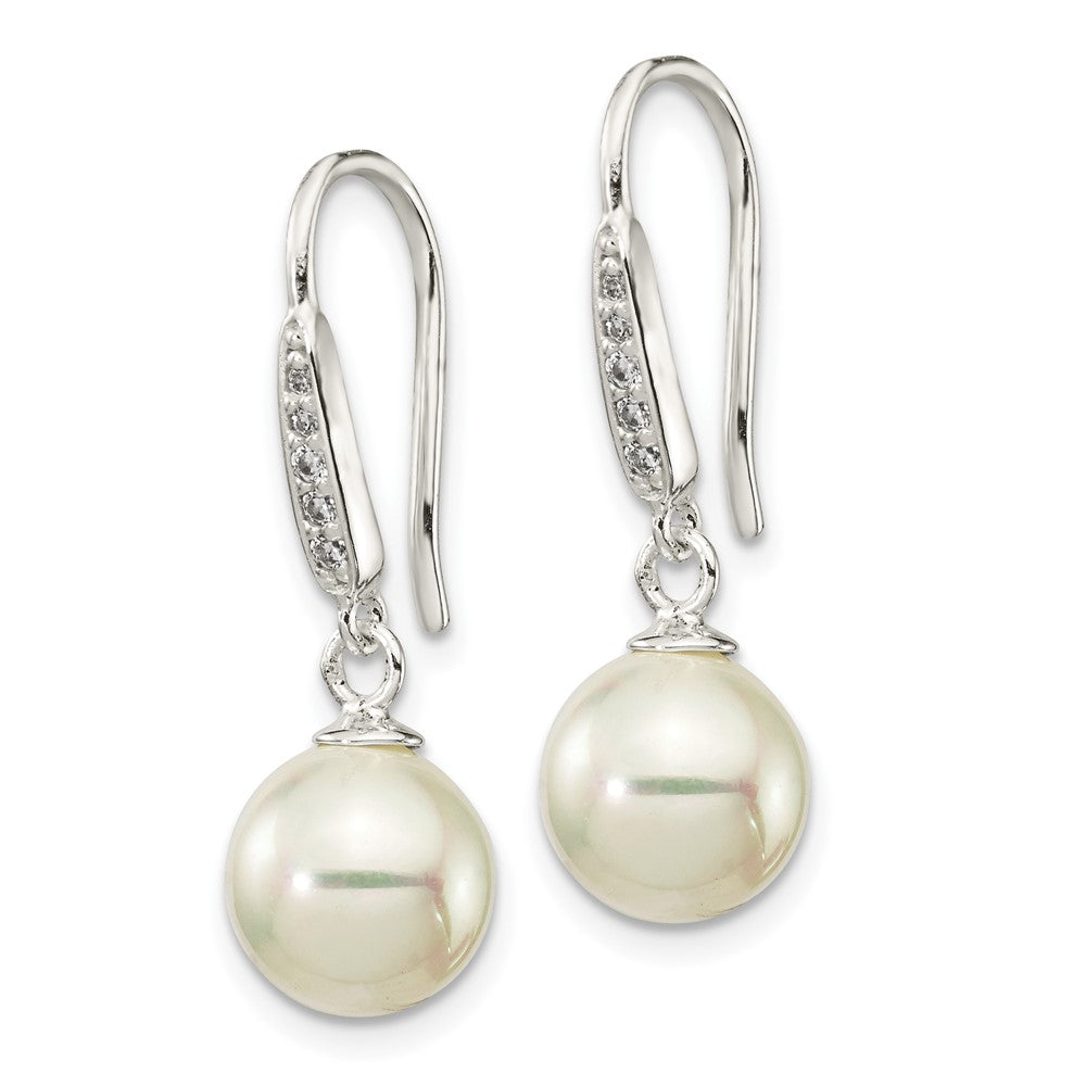 Sterling Silver Rhodium-plated 7-8mm Shell Pearl & CZ Dangle Earrings
