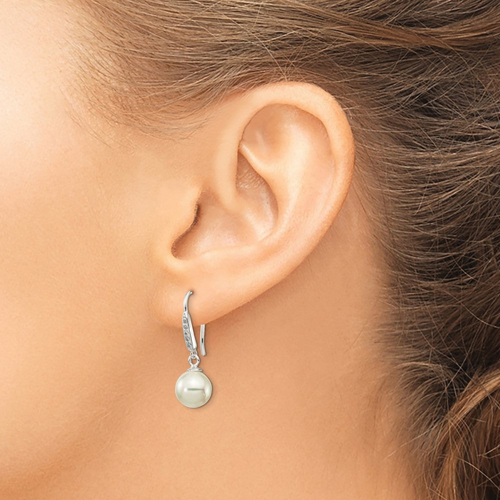 Sterling Silver Rhodium-plated 7-8mm Shell Pearl & CZ Dangle Earrings