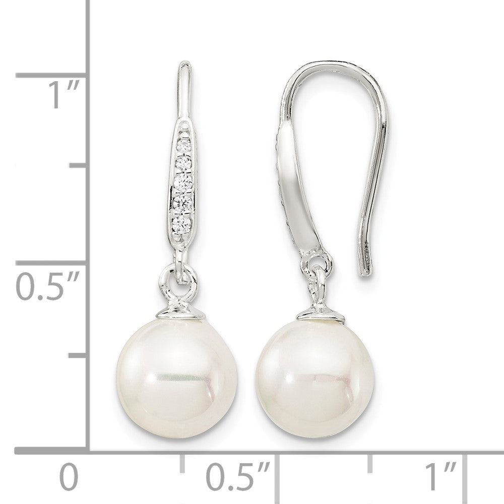 Sterling Silver Rhodium-plated 7-8mm Shell Pearl & CZ Dangle Earrings