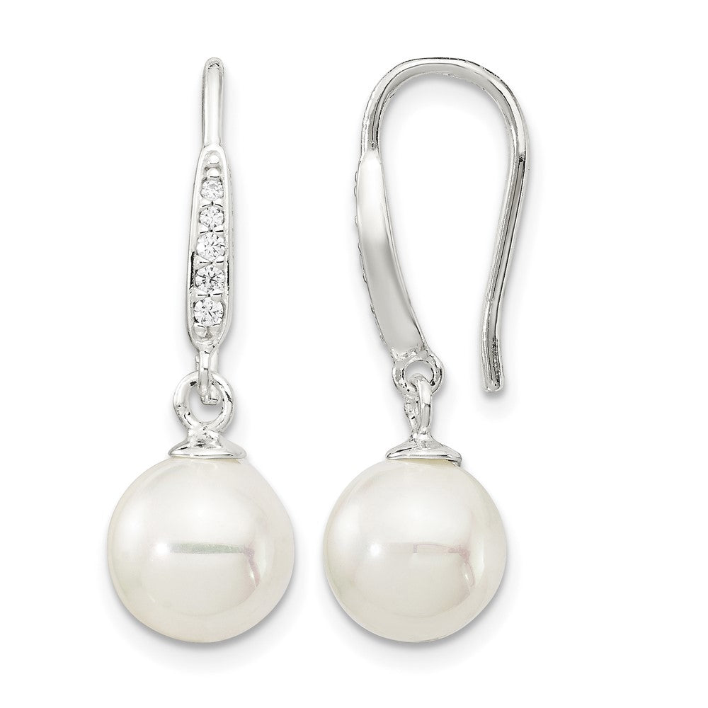 Sterling Silver Rhodium-plated 7-8mm Shell Pearl & CZ Dangle Earrings